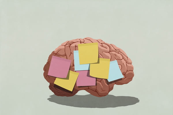 Imagem colorida mostra um cérebro e vários papéis coloridos colados nele - Metrópoles