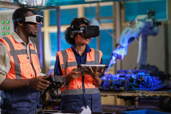 Imagem de dois funcionários de uma fábrica utilizando óculos 3D e segurando um controle - Metrópoles