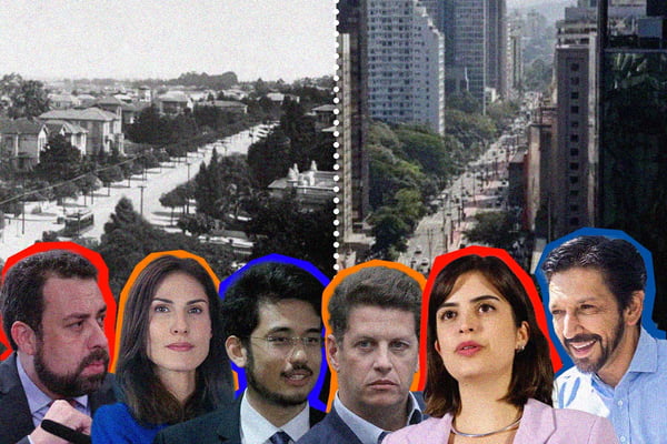 Montagem com antes e depois da Av. Paulista, em SP, e os pré-candidatos à Prefeitura da cidade - Metrópoles