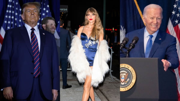 Imagem colorida com montagem de foto de Trump, Taylor e Biden - Metrópoles