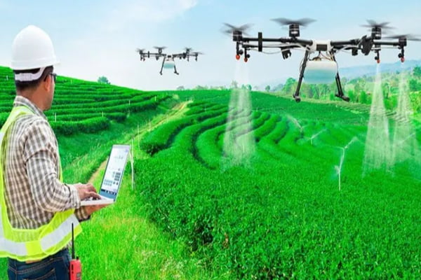 Imagem colorida de homem pilotando drone em lavoura- Metrópoles