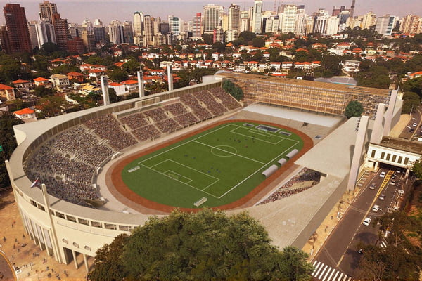 Imagem colorida mostra projeção de como ficará o estádio do Pacaembu após reforma; local deve ficar pronto em junho de 2024 - Metrópoles