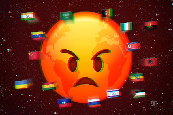 Imagem ilustrativa de um globo terrestre com emoji de "furioso" e diversas bandeiras - Metrópoles