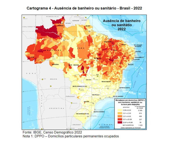 Mapa de distribuição de banheiro por UF no Brasil em 2022 - Metrópoles