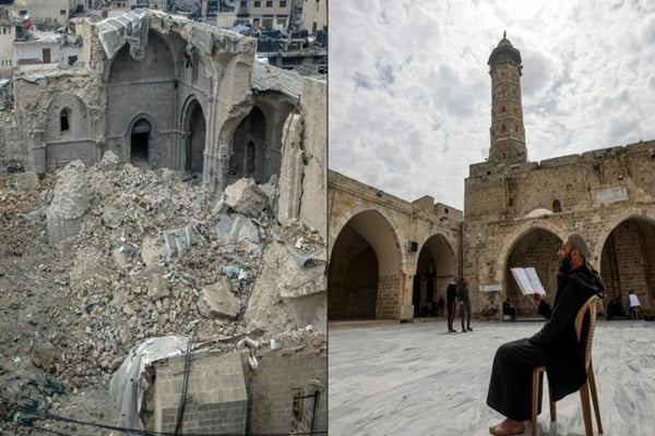 Fotomontagem mostra, à esquerda, os destroços da mesquita Omari, na Cidade de Gaza, a mais antiga do enclave palestino, em 5 de janeiro de 2024, e uma foto de arquivo do local em 23 de março de 2023, meses antes do início da guerra