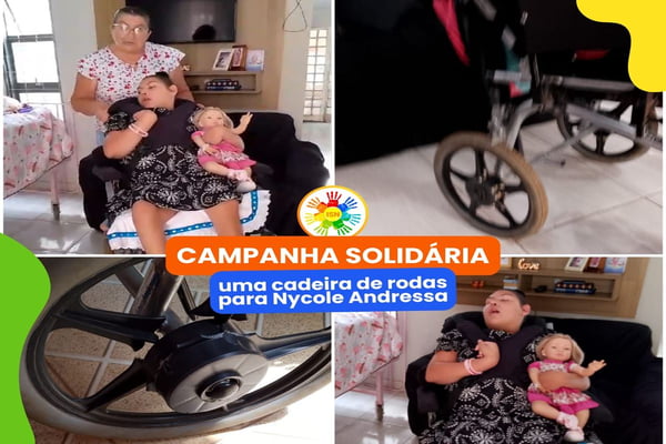 O centro de apoio para famílias de crianças com deficiência e doenças crônicas, Instituto Sol Nascente, está realizando uma campanha de doação de uma cadeira de rodas para a jovem Nycole Andressa Oliveira, 21 anos. 