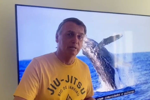 Imagem colorida mostra print de vídeo do ex-presidente Jair Bolsonaro com baleia ao fundo; suporta importunação ao animal foi investigada pela PF - Metrópoles
