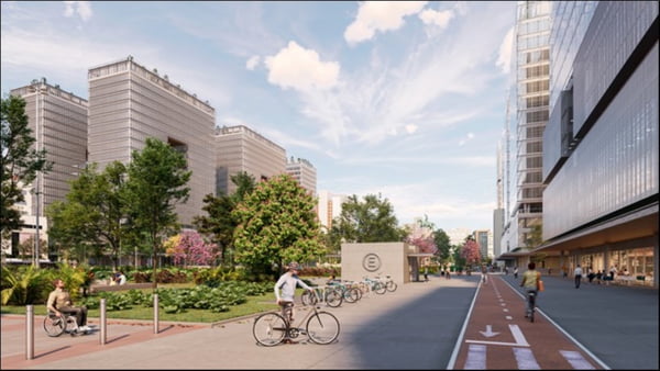 imagem colorida mostra desenho de projeto para o centro de sp. desenho mostra prédios espelhados ao lado esquerdo. no meio da cena estão árvores e um ciclista, no canto direito está uma ciclovia - metrópoles