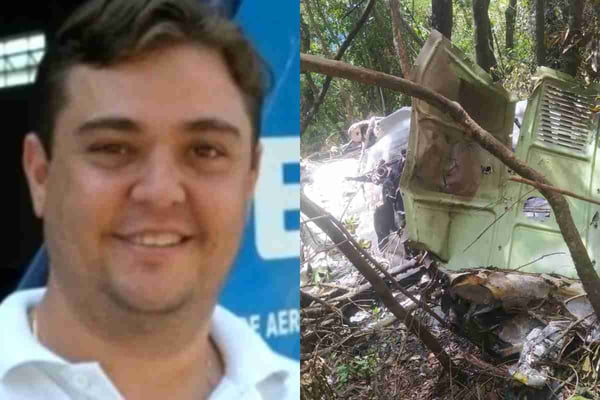 montagem com foto do corpo do piloto Ângelo Chaves Pucci, de 44 anos, e os destroços de avião que caiu em SP - Metrópoles