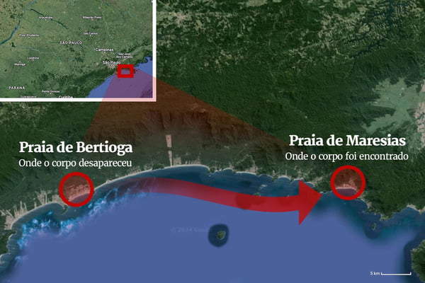Vista aérea do Google Maps do litoral norte de São Paulo. Setas indicam trajeto entre Bertioga e Maresias (São Sebastião)