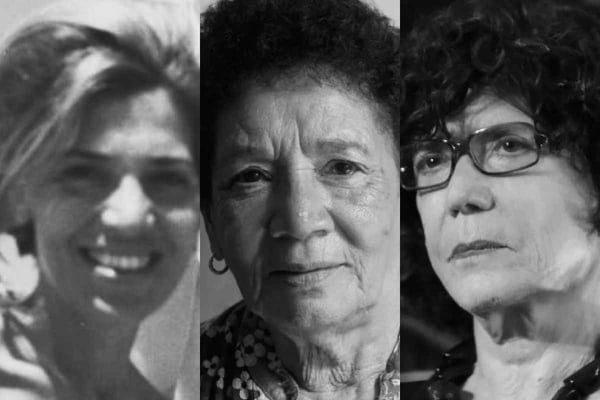 Montagem em preto e branco de fotos de mulheres: Eunice Paiva, Ana Dias e Clarice Herzog