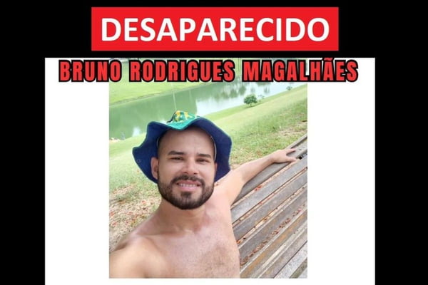 Imagem colorida mostra foto do turista carioca Bruno Rodrigues Magalhães, que desapareceu no Guarujá no dia 14 de março e corpo ainda não foi encontrado; em cima da foto, a palavra desaparecido escrita em vermelho - Metrópoles
