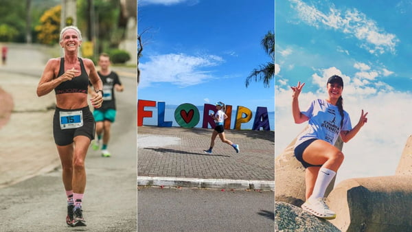 Montagem com fotos coloridas de mulheres correndo em Santa Catarina