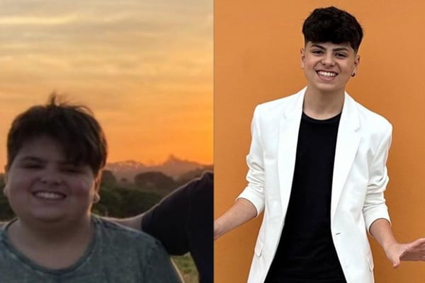 Imagem mostra o adolescente Michel Atie aos 13 anos, acima do peso, e aos 16, após a bariátrica - Metrópoles