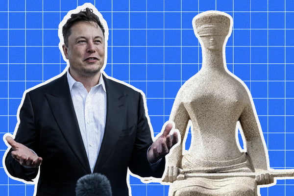 Foto colorida de montagem de Elon Musk com estátua do STF - Metrópoles