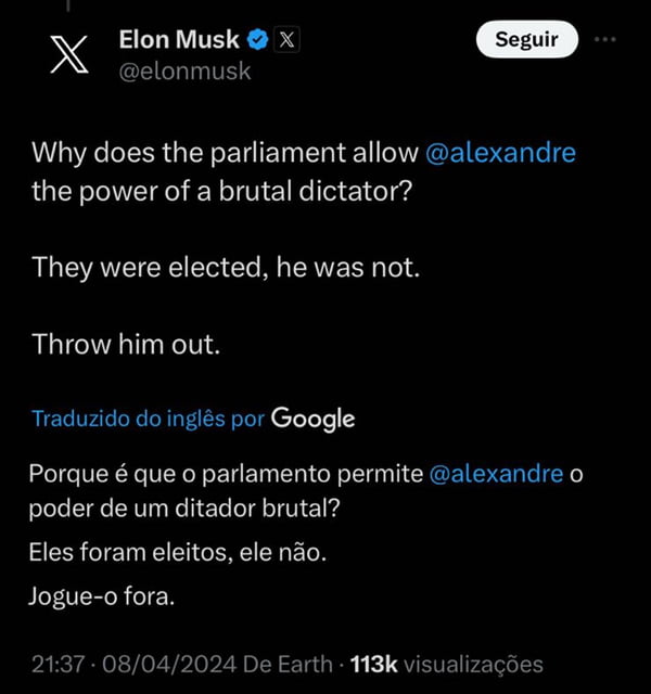 Foto colorida de publicação de Elon Musk sobre o ministro Alexandre de Moraes, do STF - Metrópoles