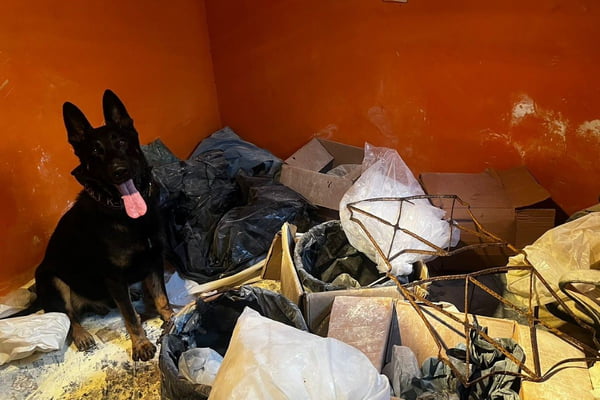 Imagem colorida mostra cão policial ao lado de drogas que ele descobriu em Paraisópolis - Metrópoles