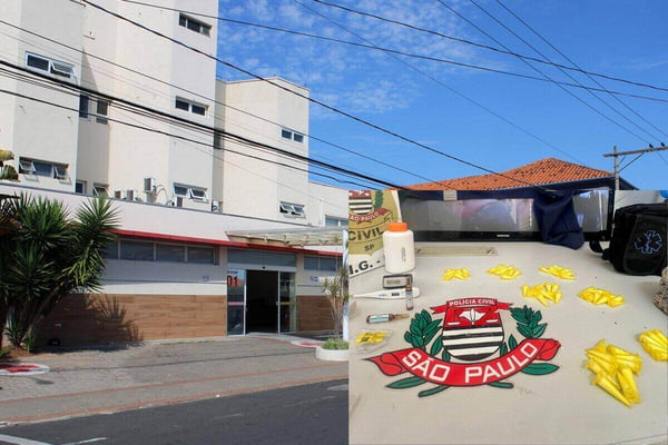 Foto colorida de fachada de hospital, em dia ensolarado, com rua deserta, com montagem na lateral de pinos de cocaína sobre mesa, ao lado de brasão da Polícia Civil de São Paulo - Metrópoles
