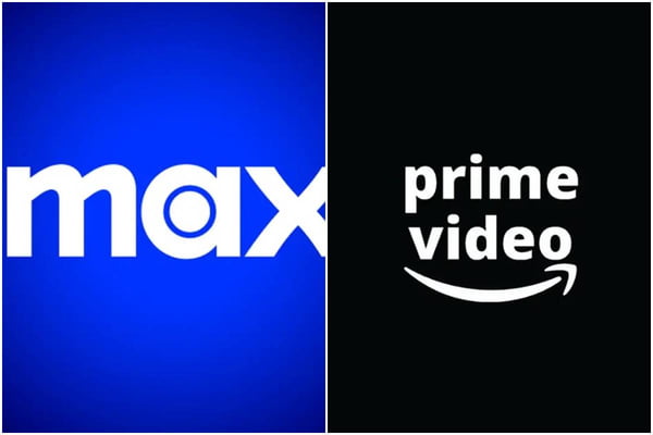 Montagem colorida com fotos da logo da Max e Prime Video