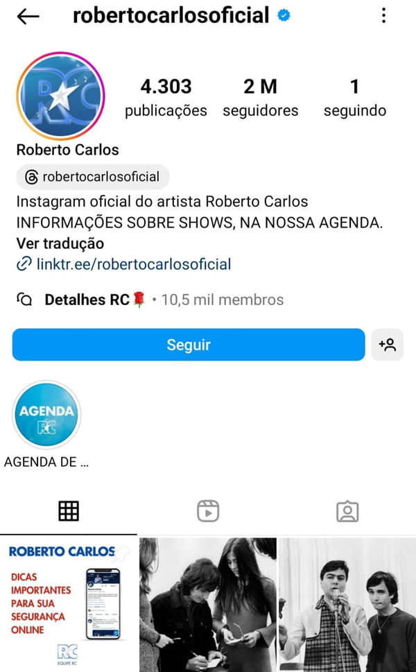 Print do perfil Roberto Carlos no Instagram - Metrópoles