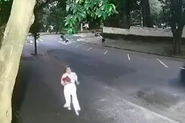 Imagem colorida de câmera de segurança mostra a apresentadora Silvia Poppovic correndo após ser assaltada em Higienópolis, bairro nobre do centro de São Paulo - Metrópoles