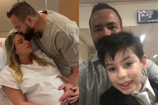 montagem com foto de homem acariciando barriga de mulher e foto de homem com menino - metrópoles