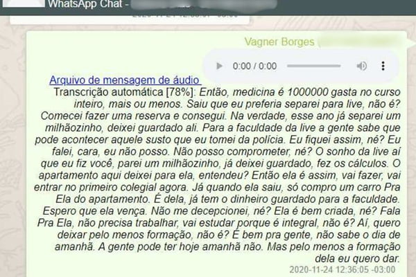 Imagem de transcrição de áudio de WhatsApp - Metrópoles