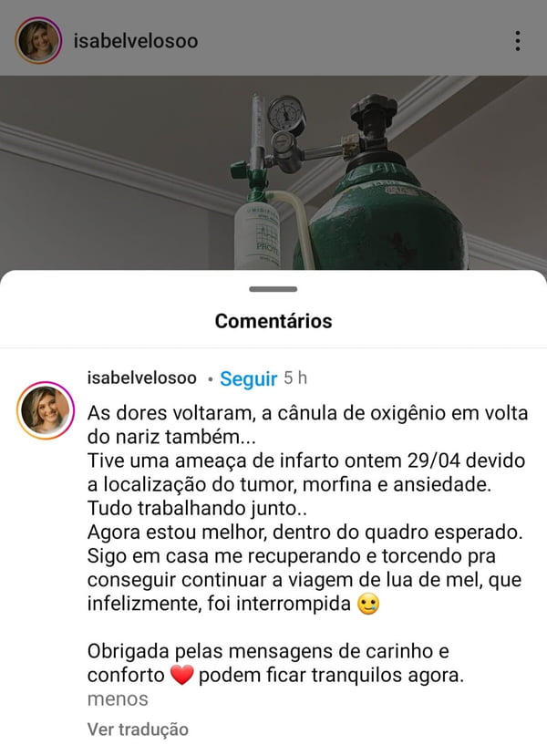 Print Isabel Veloso sobre piora em estado de saúde e comentários de seguidores - Metrópoles