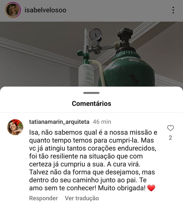 Print Isabel Veloso sobre piora em estado de saúde e comentários de seguidores - Metrópoles