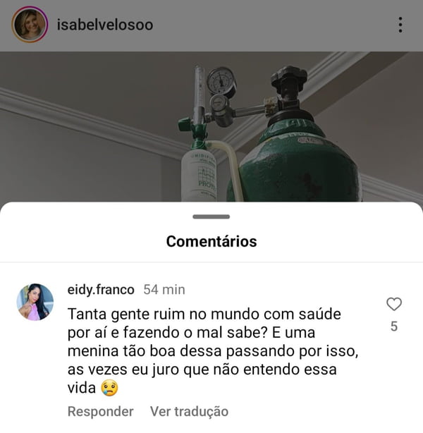 Print Isabel Veloso sobre piora em estado de saúde e comentários de seguidores - Metrópoles