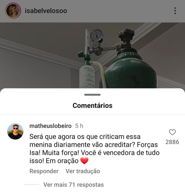 Print Isabel Veloso sobre piora em estado de saúde e comentários de seguidores - Metrópoles