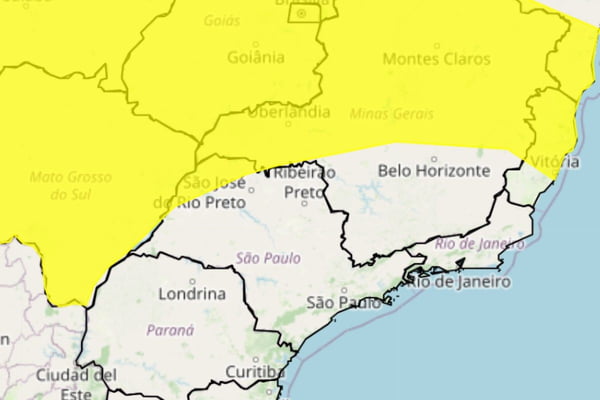 Arte mostra parte do mapa do Brasil, onde o estado de São Paulo tem o norte pintado de amarelo