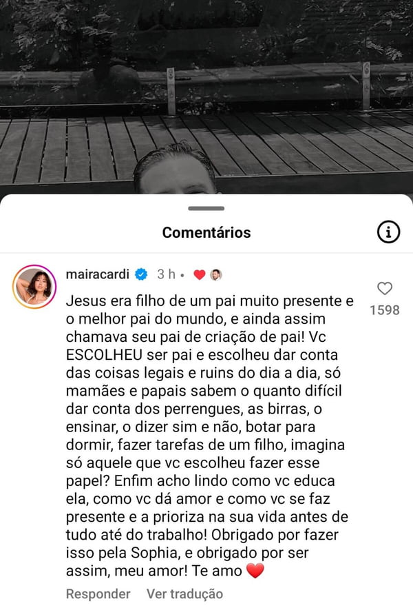 Print dos comentários contra e a favor de Thiago Nigro ser chamado de pai por Sophia, filha de Maíra - Metrópoles