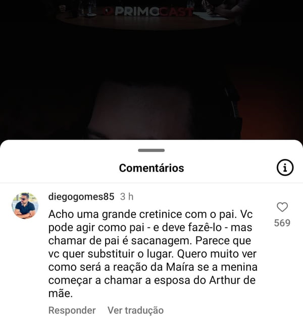 Print dos comentários contra e a favor de Thiago Nigro ser chamado de pai por Sophia, filha de Maíra - Metrópoles