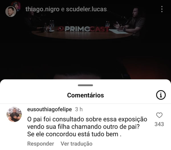 Print dos comentários contra e a favor de Thiago Nigro ser chamado de pai por Sophia, filha de Maíra - Metrópoles