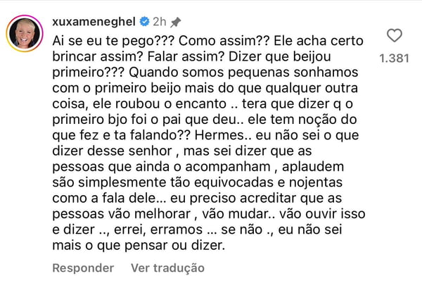 Print do comentário de Xuxa sobre as falas do pastor Lucinho Barreto - Metrópoles