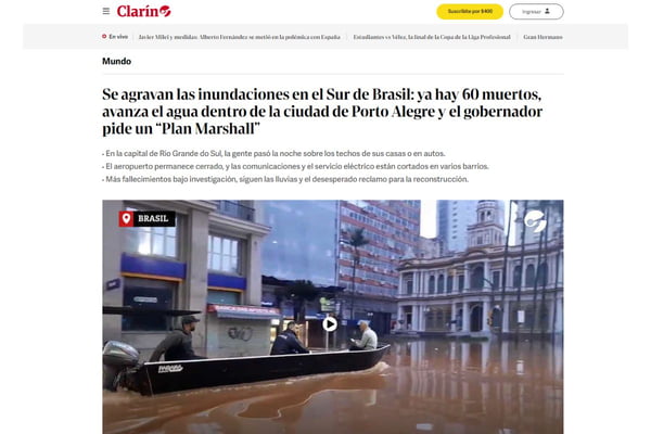 Reportagem do jornal Clarín sobre enchentes no Brasil - Metrópoles