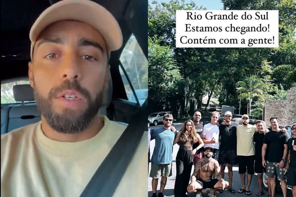 Foto colorida de Pedro Scooby e amigos rumo ao RS - Metrópoles