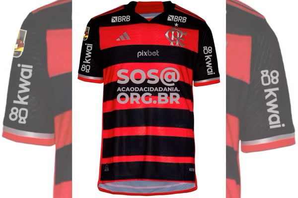 Imagem colorida camisa do Flamengo que exibirá pix de ajuda à víitmas dos temporais no Rio Grande do Sul- Metrópoles