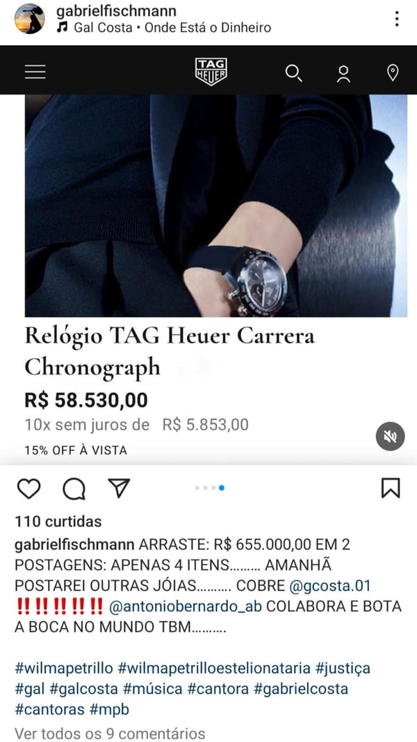Print do ex-produtor de Gal Costa, Gabriel Fischmann, sobre a viúva da cantora - Metrópoles
