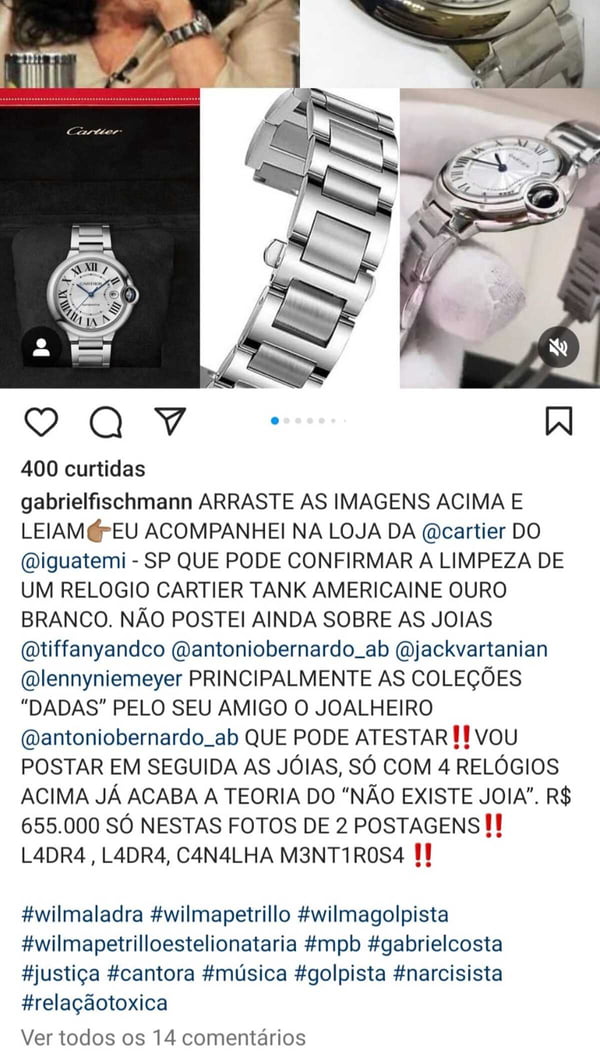 Print do ex-produtor de Gal Costa, Gabriel Fischmann, sobre a viúva da cantora - Metrópoles