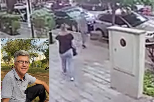 Reprodução de câmera de monitoramento, mostrando movimentação em calçada, com foto de idoso em destaque, no lado esquerdo - Metrópoles