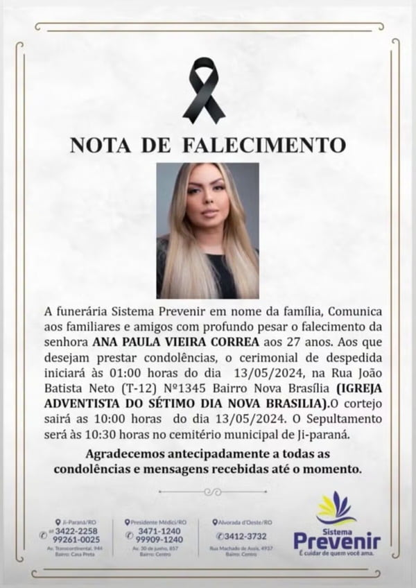 Nota morte Ana Paula Vieira e o vereador Marcelo Stocco - Metrópoles