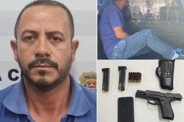 Montagem em estrutura retangular, cuja metade é preenchida com foto colorida de homem branco, de barba e camisa azul, na lateral esquerda, imagem colorida do mesmo homem, de rosto virado, preso em viatura da Polícia Civil e, abaixo dela, imagem colorida de pistola, dois carregadores de arma em um celular sobre uma mesa branca - Metrópoles