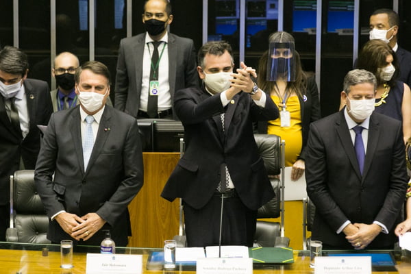Cerimônia de abertura do ano Legislativo no Congresso Nacional. Na foto os presidentes Jair Bolsonaro, Rodrigo Pacheco e Arthur Lira