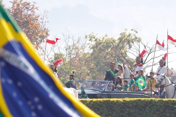 Solenidade Cívica de Hasteamento da Bandeira em comemoração ao dia da independência no Palácio da Alvorada. Autoridades acompanham a apresentação dos paraquedistas 7 de setembro governo bolsonaro 9