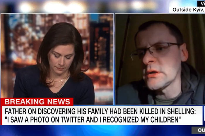 Apresentadora Erin Burnett, da CNN, chora ao entrevistar pai que perdeu a família na guerra da Ucrânia, durante bombardeios russos - Metrópoles
