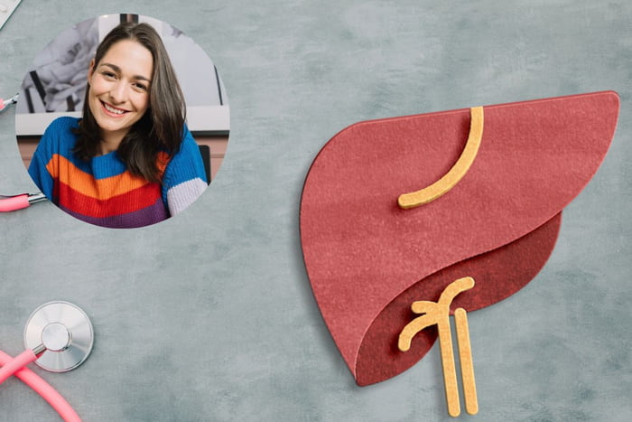Ilustração de fígado e imagem da médica Paula Pires
