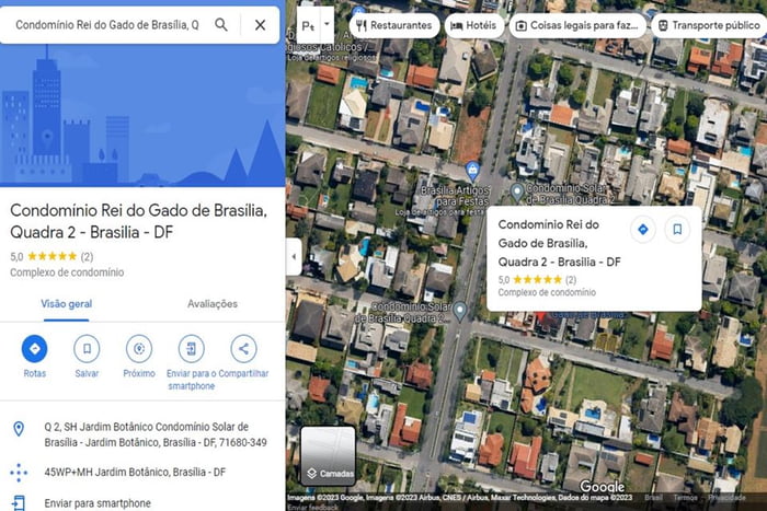 Print do Google Maps mostrando casa de Bolsonaro nomeada como Condomínio Rei do Gado