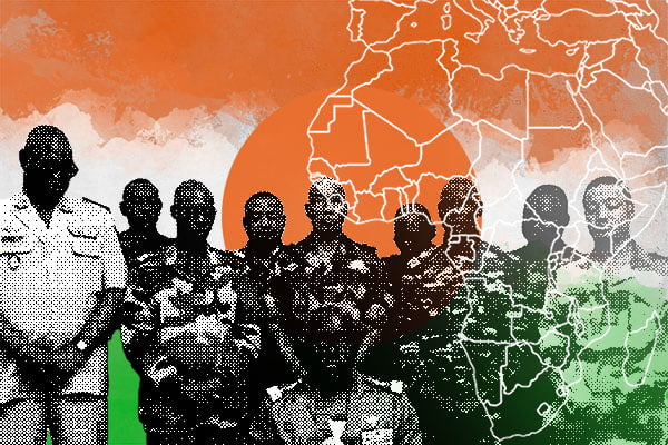 Colagem mostra militares sob um fundo com as cores da bandeira do Níger - Metrópoles